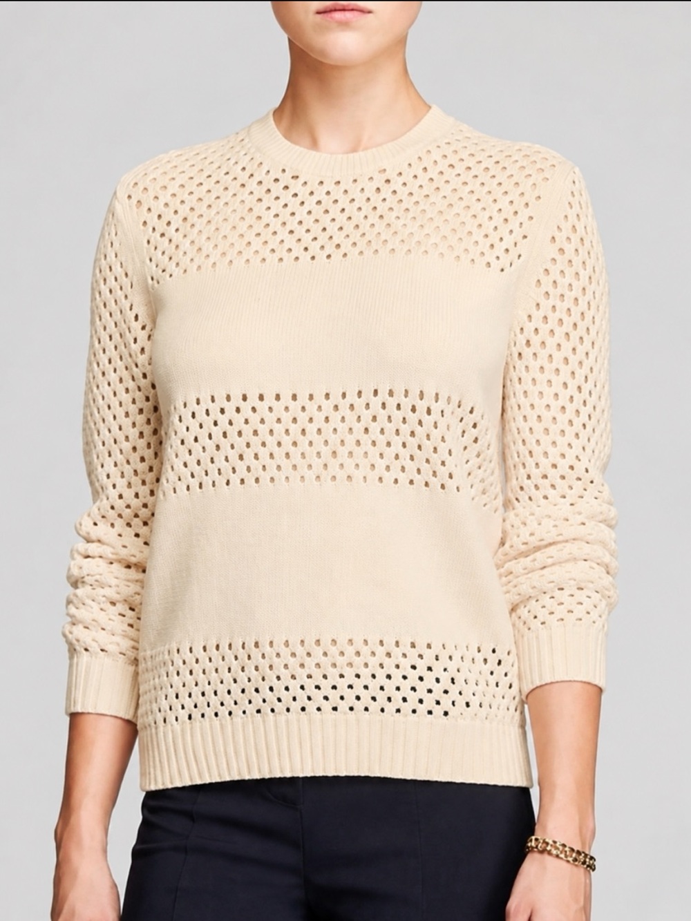 Tory Burch Leona Paneled Open-Knit Merino Wool Pullover Sweater in Cream